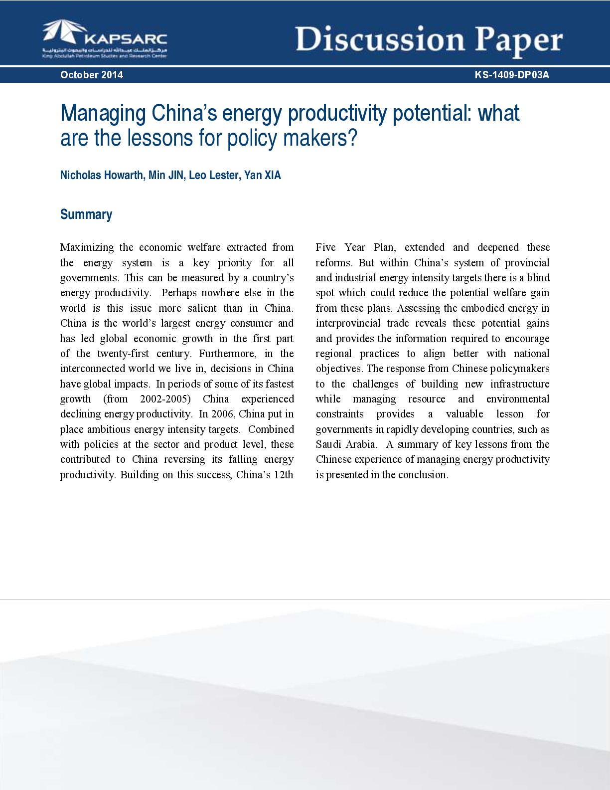 Managing China&amp;#8217;s energy productivity potential: what lessons for policy makers (1)