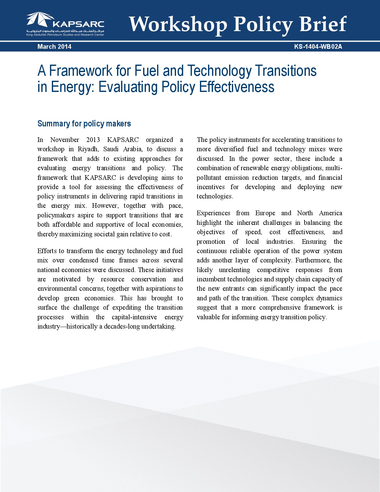 A Framework for Fuel and Technology Transitions in Energy: Evaluating Policy Effectiveness (1)