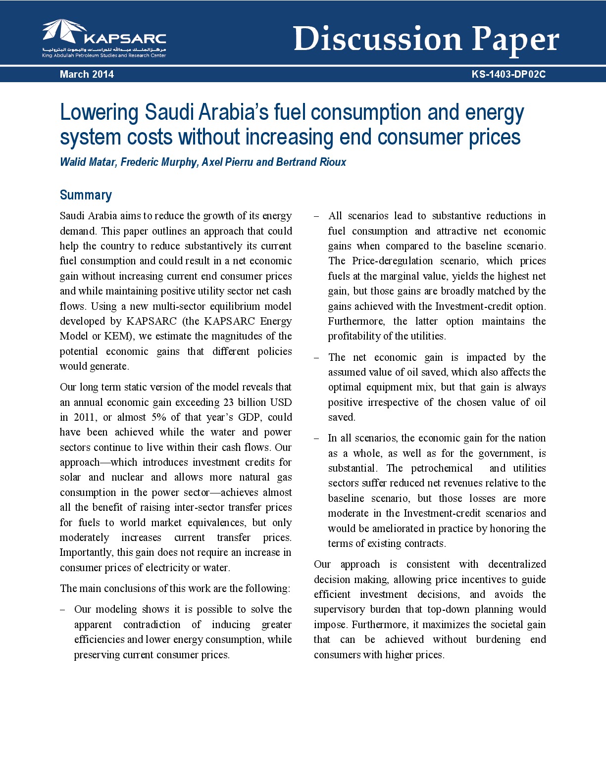 Lowering Saudi Arabia’s fuel consumption and energy system costs without increasing end consumer prices (1)