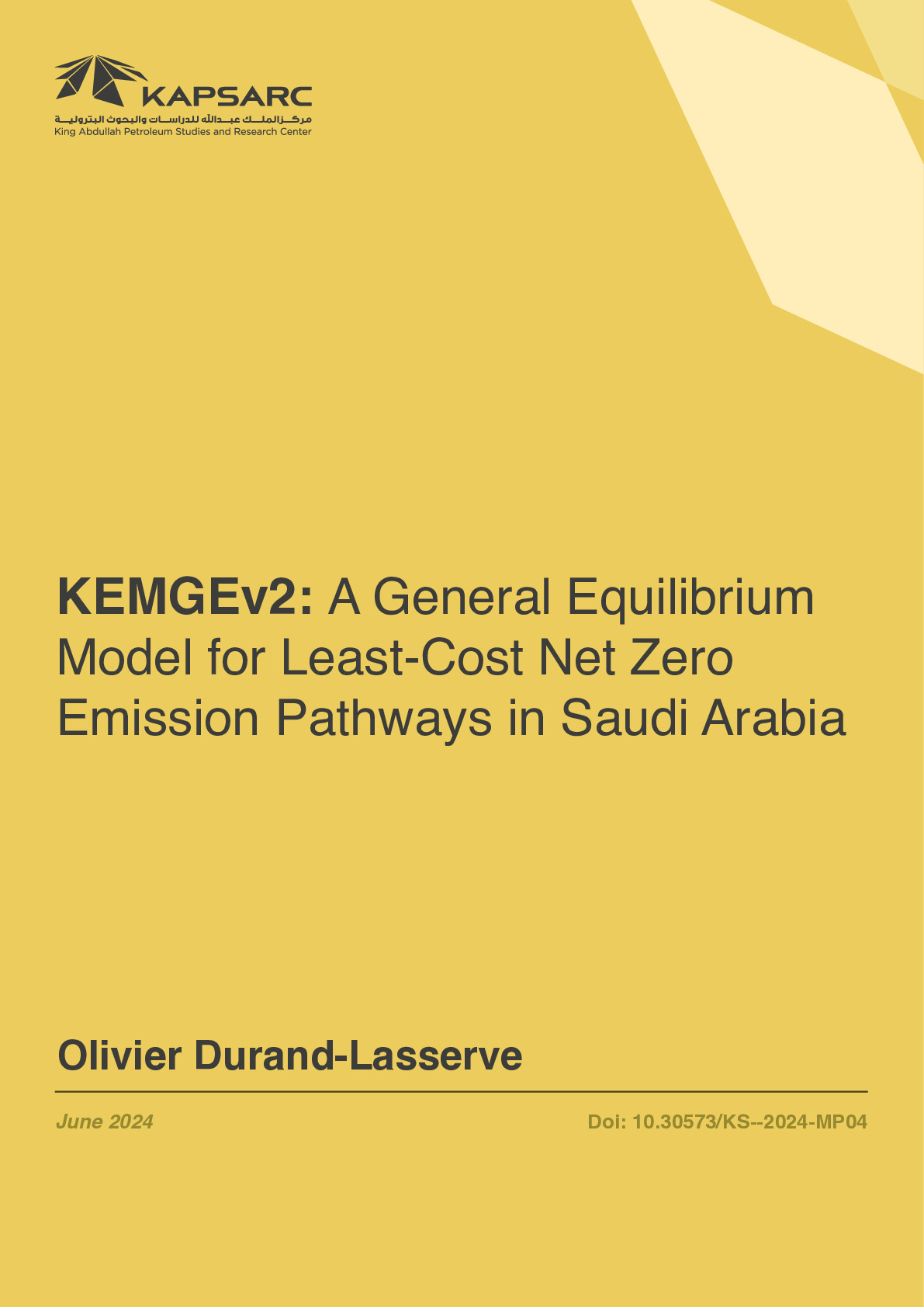 KEMGEv2: A General Equilibrium Model for Least-Cost Net Zero Emission Pathways in Saudi Arabia (1)